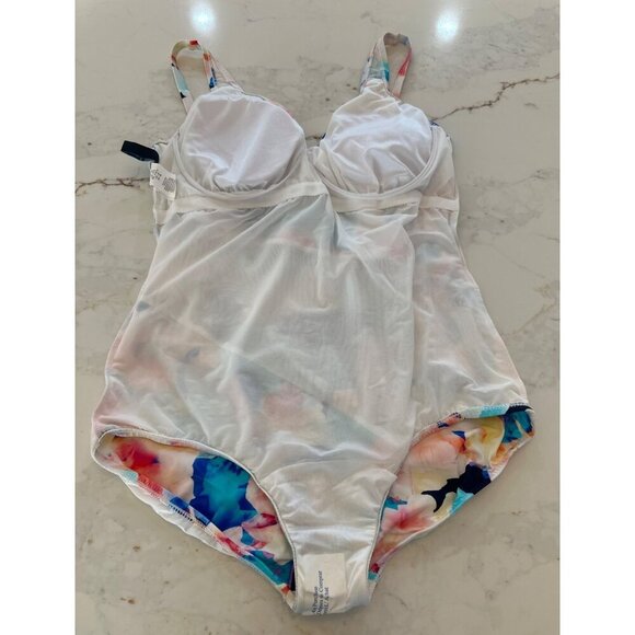 Maxine Shirred‎ Surplice One Piece Swimsuit Illusion Blossoms, Size 16 - Picture 8 of 14